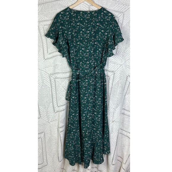 Max Studio Dress Size Large Green Crepe Ruffle Wrap Midi Short Sleeve Floral - Picture 4 of 7